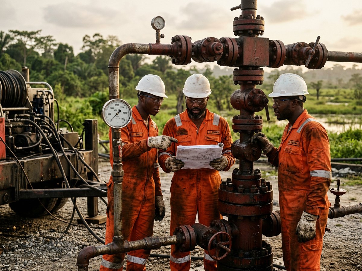 OTSAL field engineers inspecting a wellhead in the Niger Delta